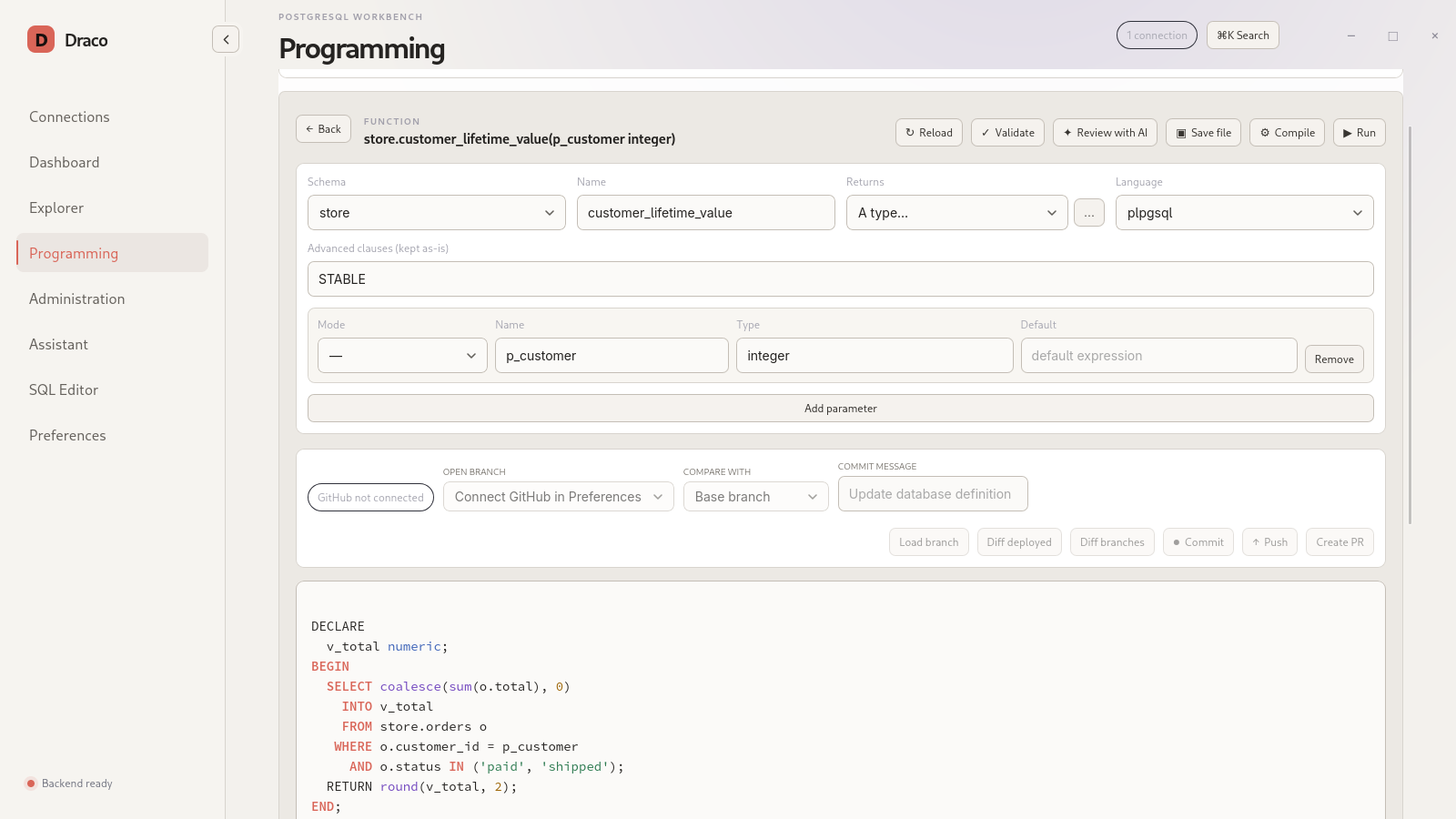 Programming workspace editing a PL/pgSQL function